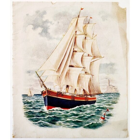 1900 Sailboat Lithograph Nautical Victorian Woven Linen Paper Print Boats DWPP7 - Picture 2 of 2